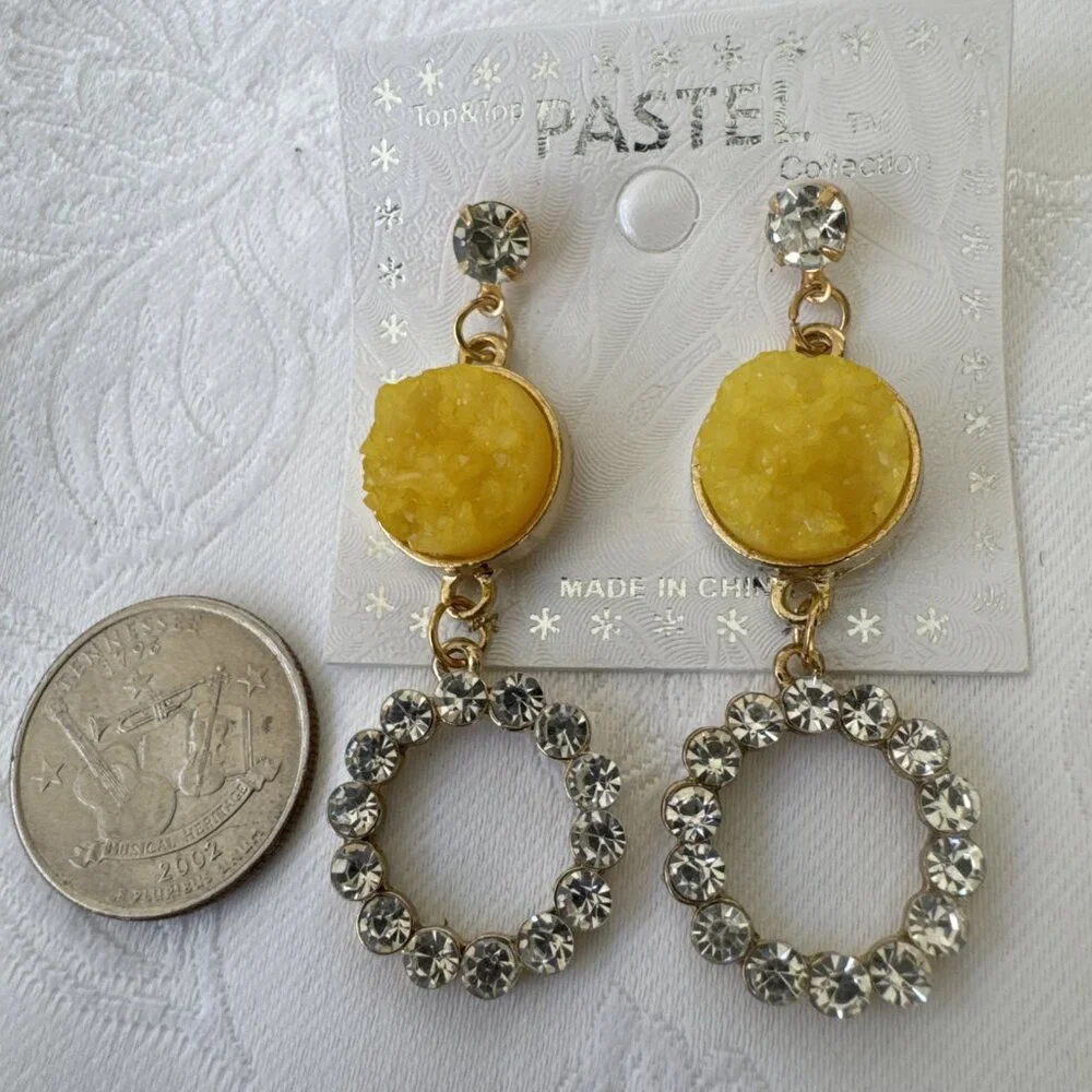 Pastel Faux Yellow Stone Crystal Gold Rhinestone Earrings Dangle Drop Party NEW